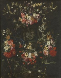 Blomma krans runt Madonna, barn och st John the Baptist